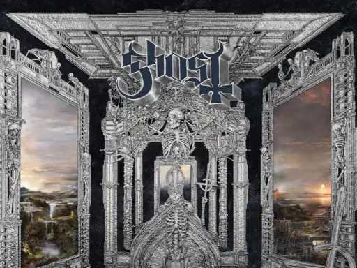 Album av Ghost med en skelettfigur i påv-liknande kläder, omgiven av arkitektur och skelett.
