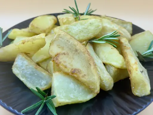 Patatas gajo doradas y crujientes, adornadas con ramitas de romero fresco, servidas en un plato oscuro.