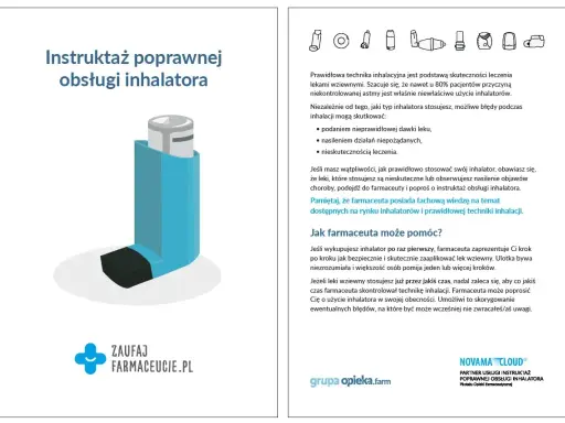 Instruktaż poprawnej obsługi inhalatora. Prawidłowa technika jest kluczowa, by leki wziewne działały. Zapytaj farmaceutę, **na co** zwrócić uwagę przy astmie.