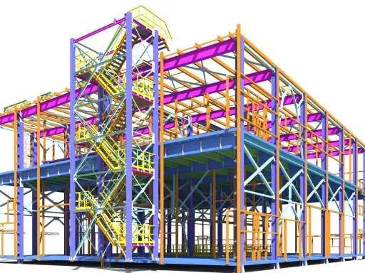 Estructura metálica tridimensional, mostrando la complejidad de la ingeniería estructural con vigas, columnas y escaleras de acceso en diversos colores.