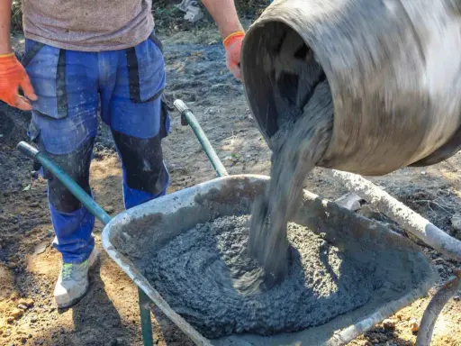 Robotnik wylewa świeży beton B25 z betoniarki do taczki. Sprawdzamy beton b25 cena za m3.