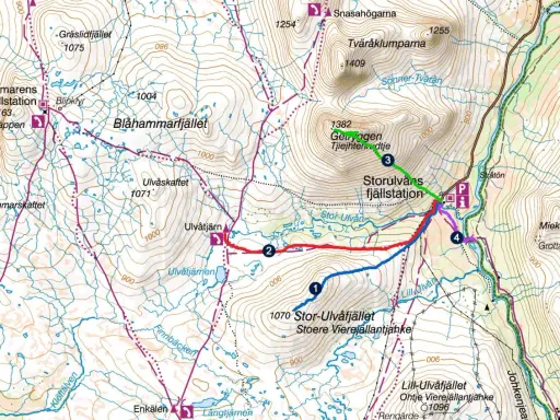 Karta över vandringsleder runt Storulvån. Markerade leder i rött, blått och grönt visar olika vandringssträckor.