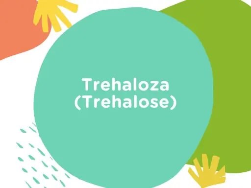Kolorowe kształty na białym tle. Na turkusowym okręgu napis: Trehaloza (Trehalose).