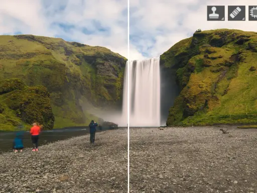 Cascada islandesa con efecto seda, como si se hubiera usado un **tampon de clonar** para suavizar el agua.
