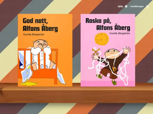 Två böcker av Gunilla Bergström: "God natt, Alfons Åberg" med en ledsen Alfons i sängen och "Raska på, Alfons Åberg" med en busig Alfons som klipper trådar.