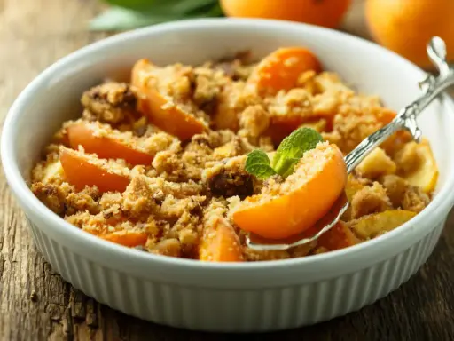 Ein köstlicher Aprikosen Crumble in einer weißen Schale, garniert mit Minze. Perfekt für einen süßen Genuss.