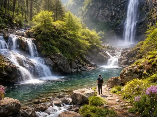Un escursionista ammira la maestosità delle cascate in Calabria, immerse in un bosco rigoglioso e fiorito.