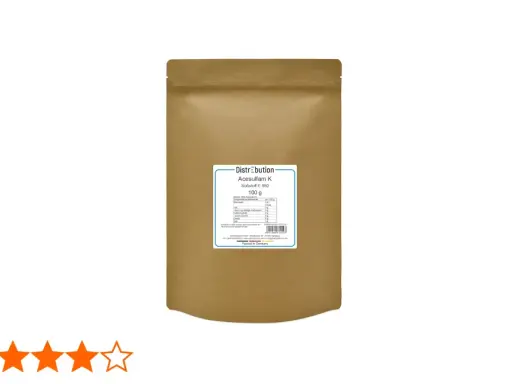 Braune Verpackung mit 100g Acesulfam K Süßstoff E 950. Nährwertangaben sind auf dem Etikett sichtbar.