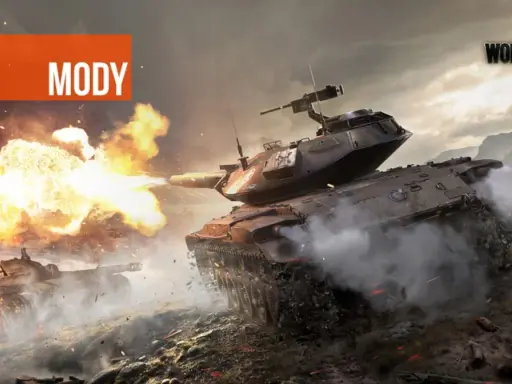Mody do World of Tanks: czołg strzela, wybuchy i dym na polu bitwy.