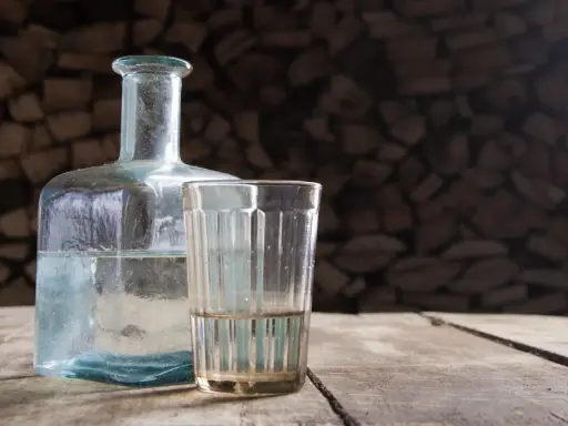 Szklanka i butelka z płynem na drewnianym stole. Czy to bimber? Co to jest?