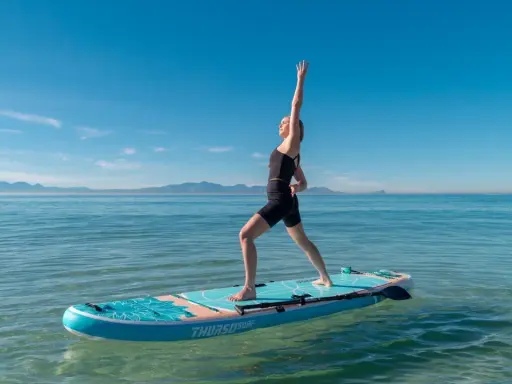 Kvinna utövar sup yoga på en paddleboard i lugnt vatten med berg i bakgrunden.