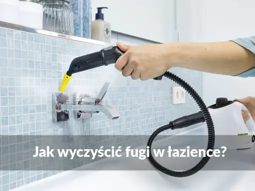 Ręczne mechaniczne czyszczenie fug parownicą Karcher. Para usuwa brud z fug przy baterii łazienkowej.