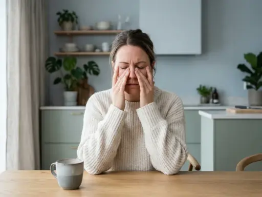 Kvinna med händerna mot ansiktet, troligen på grund av bihåleinflammation. Hon sitter vid ett träbord med en mugg och en karaff med vatten.