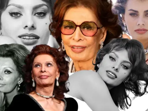 Collage de imágenes de Sophia Loren en diferentes etapas de su vida, mostrando su icónica belleza y estilo.