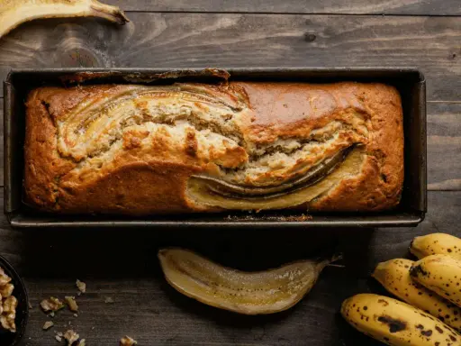 Un delizioso banana bread light appena sfornato, con banane caramellate in superficie, su un tagliere di legno.