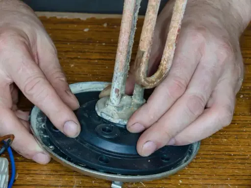 Mains de l'homme ajustant un élément chauffant entartré sur un joint plat, prêt pour le remplacement.