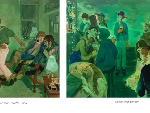 Salman Toor's red chip art depicts intimate scenes of young men in dimly lit interiors and a lively bar.