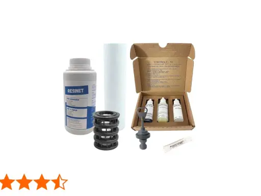 Kit pour réglage adoucisseur Fleck 5600 : résine, tube, réactifs pour contrôle TH et lubrifiant.