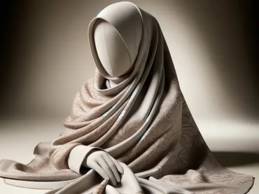 Ein Mannikin trägt ein beiges Kopftuch mit einem zarten Muster. Die Falten des Stoffes erinnern an die Seiten eines Korans.