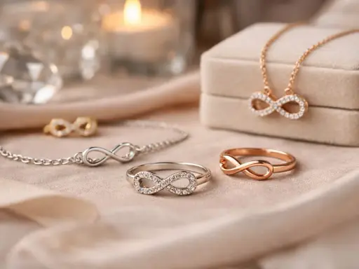 Gioielli scintillanti con il simbolo infinito: collana, bracciale e anelli in oro e argento, un eterno promemoria d'amore.