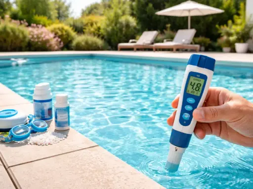 Persona mide el pH de una piscina salina con un medidor digital. Junto a la piscina, gafas y productos para su mantenimiento.