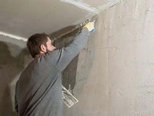 Hombre aplicando masilla en una esquina para quitar el gotele del techo.