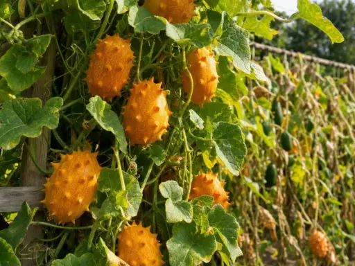 Des concombres kiwano, fruits épineux orange vif, poussent sur une treille. La culture du concombre est ici mise en avant.