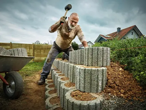 Mann setzt mit Gummihammer Pflanzsteine für eine neue Gartenmauer.