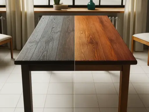 Table en bois divisée en deux : d'un côté, le bois est sombre et vieilli, de l'autre, il est éclairci et naturel. Avant après.