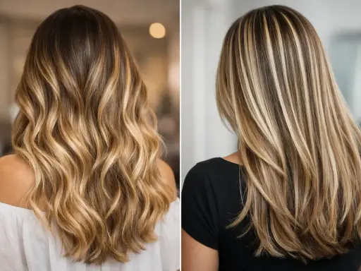 Dos estilos de cabello con reflejos rubios y miel. Uno con ondas suaves y el otro con capas más definidas.