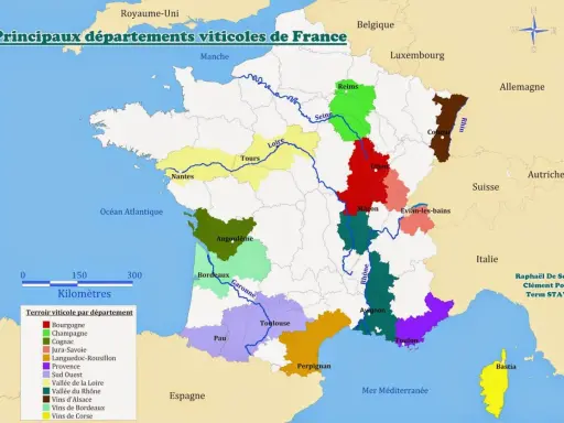 Carte des principaux départements viticoles de France, montrant les régions comme Bordeaux, Bourgogne, Champagne, et la Vallée du Rhône.
