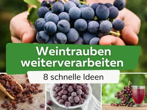 Frische Trauben in Händen, Rosinen, gefrorene Beeren und Traubensaft – Ideen, wie Sie Weintrauben weiterverarbeiten können.