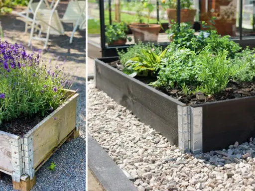 En pallkrage med lavendel och en annan med örter visar hur fin samplantering pallkrage kan vara.