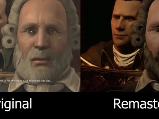 Porównanie grafiki z Assassin's Creed 3: oryginalna wersja i remaster. Widać poprawę detali twarzy i oświetlenia.