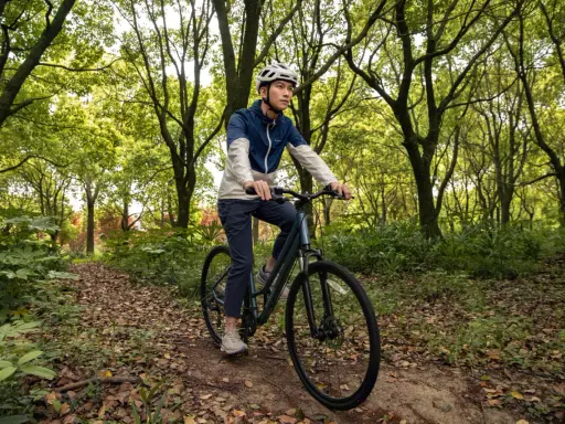 Mężczyzna w kasku jedzie rowerem trekkingowym po leśnej ścieżce. Taki rower to wszechstronny towarzysz podróży.