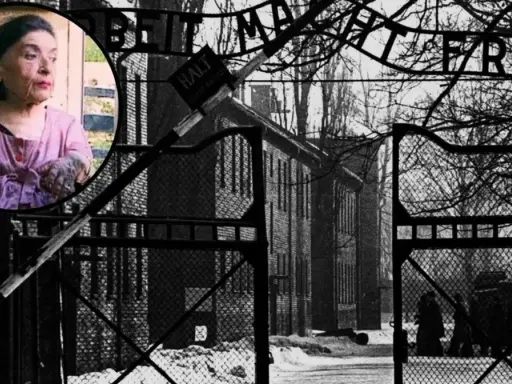 Wizerunek przedstawia bramę obozu koncentracyjnego z napisem "Arbeit macht frei" i portret starszej kobiety, która przeżyła eksperymenty na dzieciach.