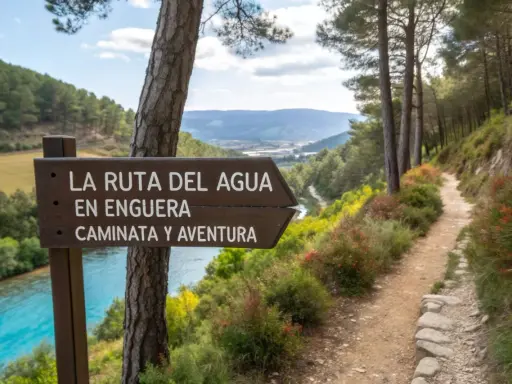 Cartel de "La Ruta del Agua en Enguera" indica un sendero para caminata y aventura junto a un río turquesa y un bosque frondoso.