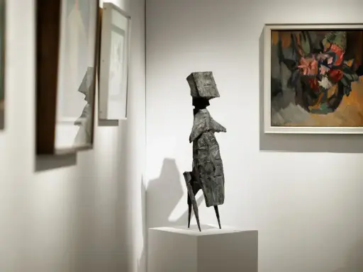A striking bronze sculpture stands on a pedestal at the London Art Fair, surrounded by framed paintings.