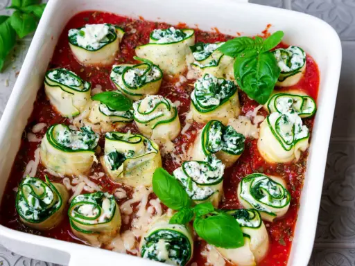 Zucchini-Cannelloni mit Ricotta-Spinat-Füllung in Tomatensauce, garniert mit frischem Basilikum.