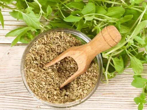 Suszone oregano w misce i świeże gałązki. Idealne do pizzy, sosów pomidorowych i dań kuchni śródziemnomorskiej. Oregano do jakich potraw? Do wszystkiego co pyszne!