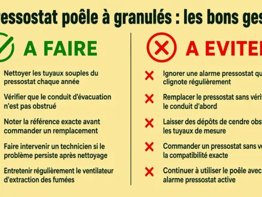 Conseils pour l'alarme pressostat poêle à granulés : à faire (nettoyer, vérifier conduit) et à éviter (ignorer, remplacer sans vérifier).