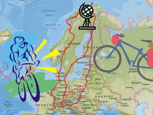 Radfahrer auf einer Europakarte, die eine Route von Island zum Nordkap 4000 und weiter nach Osten zeigt.