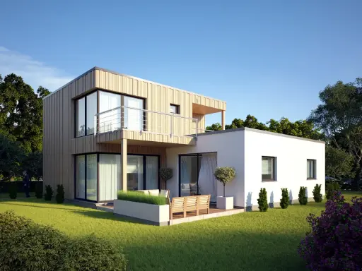 Modernes **Modulbau Haus** mit Holzfassade und Balkon, umgeben von einem gepflegten Garten.