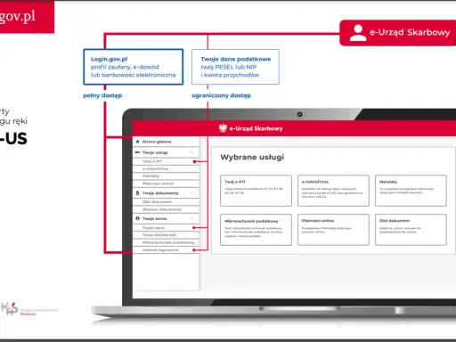 Jak sprawdzić zadłużenie w US? Na ekranie laptopa w e-Urzędzie Skarbowym znajdziesz "Twoje konto" i "Twoje dokumenty", gdzie uzyskasz potrzebne informacje.