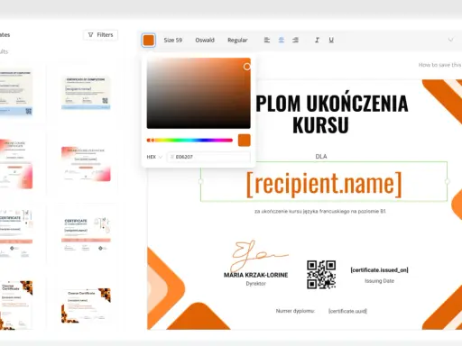 Edytor szablonów do tworzenia dyplomów. Wybierz projekt, dostosuj tekst i kolory, by stworzyć swój projekt dyplomu.