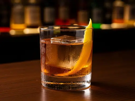 En drink med is och en citronskal, som en rostig spik i en bar.