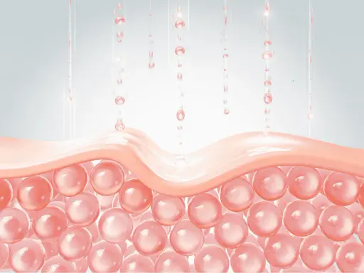 Gouttes rosées tombent sur une couche de peau, stimulant le renouvellement cellulaire.