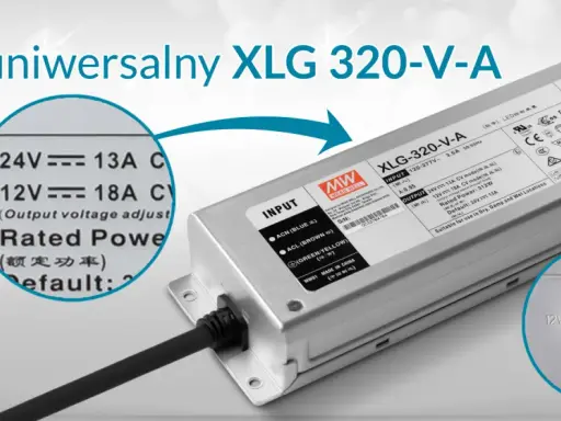 Uniwersalny zasilacz 12v 40w XLG 320-V-A, z możliwością regulacji napięcia wyjściowego, idealny do zastosowań w suchych, wilgotnych i mokrych miejscach.