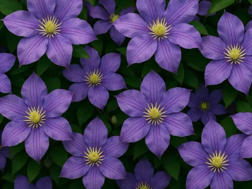 Många vackra, lila klematisblommor med gula mittar mot mörkgröna blad. En del blommor visar tecken på vissnesjuka klematis.