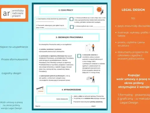 Wzór umowy o pracę na okres próbny w wersji Legal Design. Dokument ułatwia weryfikację kontrahenta dzięki prostym sformułowaniom i przejrzystej strukturze.